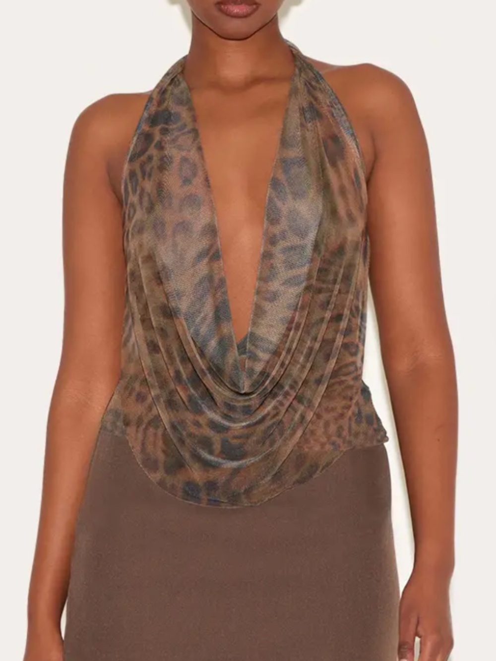 PrettyLittleThing Brown Mesh Animal Print Halter Neck Cowl Top Size US 8